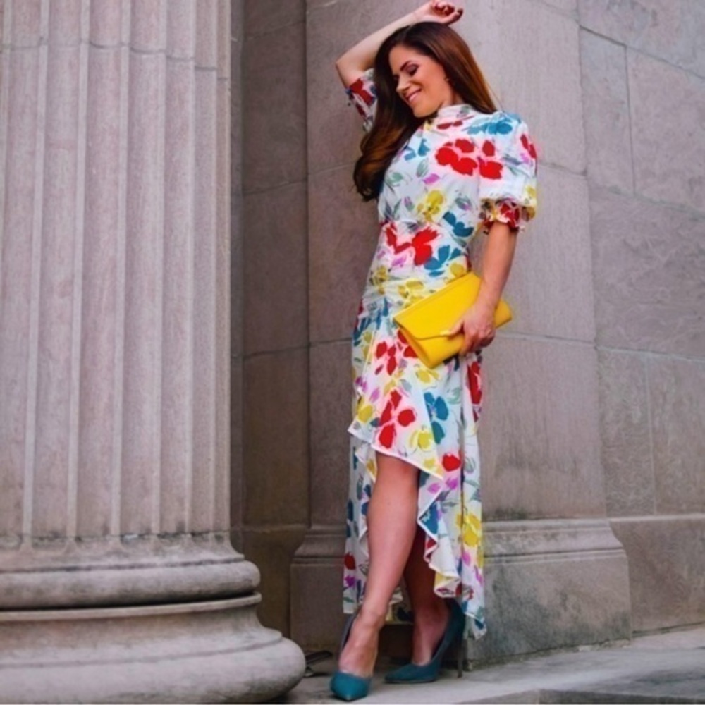 RIXO White Floral Cascade Ruffle Casual Maxi Dress
